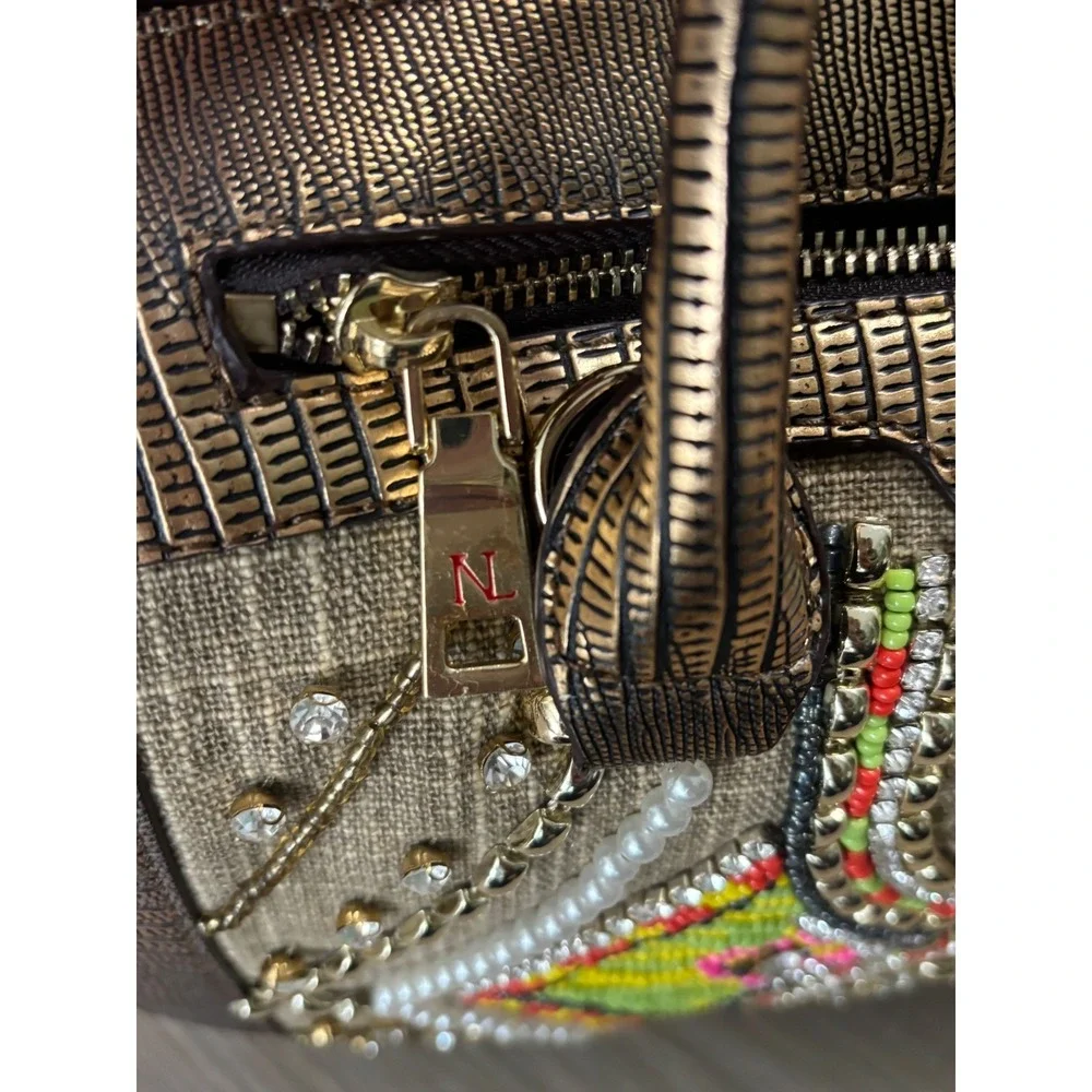Nicole Lee Beaded Crystal Satchel Bag Metallic Bronze Tan Geometric Boho Handbag